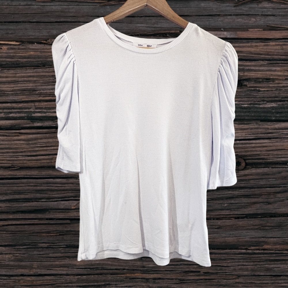 Dear John White Puff Sleeve T-Shirt with Ruched Details